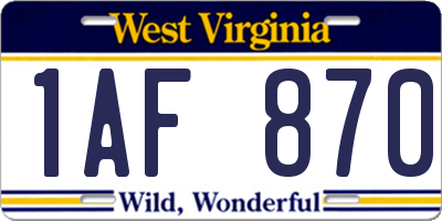 WV license plate 1AF870