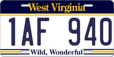 WV license plate 1AF940