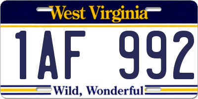 WV license plate 1AF992