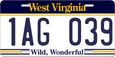 WV license plate 1AG039