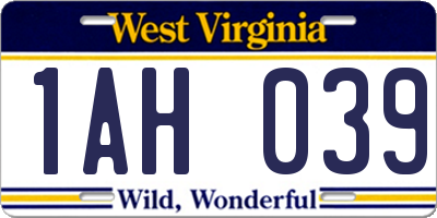 WV license plate 1AH039