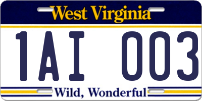 WV license plate 1AI003