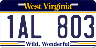 WV license plate 1AL803