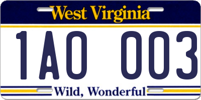 WV license plate 1AO003