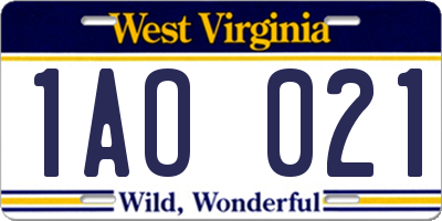 WV license plate 1AO021
