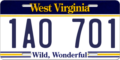 WV license plate 1AO701