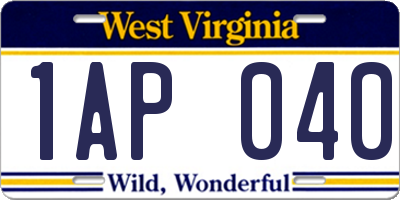 WV license plate 1AP040