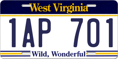 WV license plate 1AP701