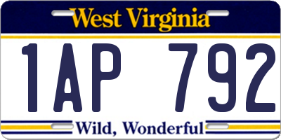 WV license plate 1AP792