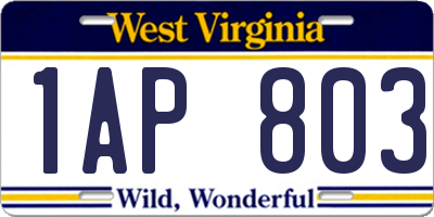 WV license plate 1AP803