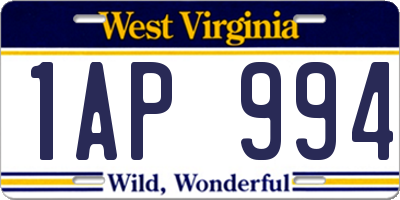 WV license plate 1AP994