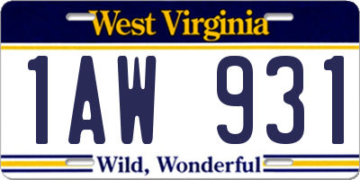 WV license plate 1AW931