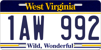 WV license plate 1AW992