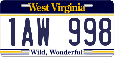 WV license plate 1AW998