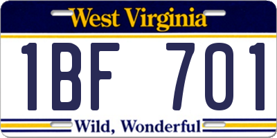 WV license plate 1BF701