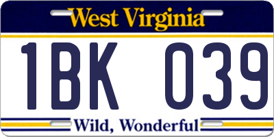 WV license plate 1BK039
