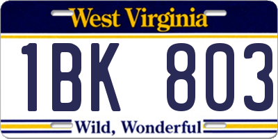 WV license plate 1BK803