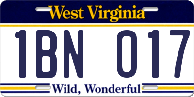 WV license plate 1BN017