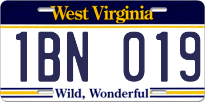 WV license plate 1BN019