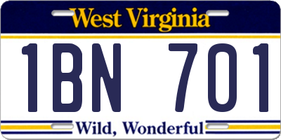 WV license plate 1BN701
