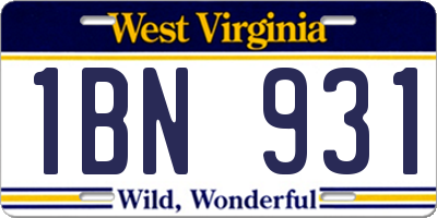 WV license plate 1BN931