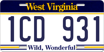 WV license plate 1CD931