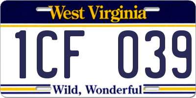 WV license plate 1CF039
