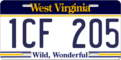 WV license plate 1CF205