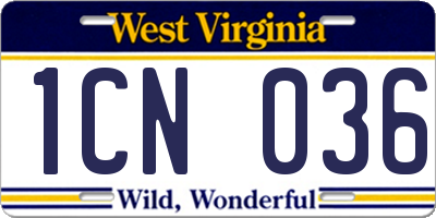 WV license plate 1CN036