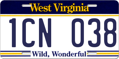 WV license plate 1CN038