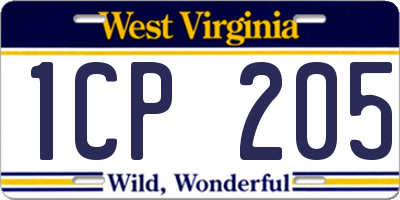 WV license plate 1CP205