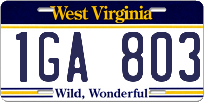 WV license plate 1GA803