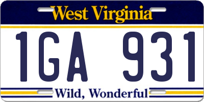 WV license plate 1GA931
