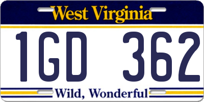 WV license plate 1GD362