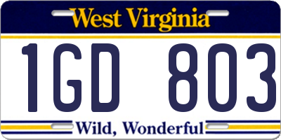 WV license plate 1GD803