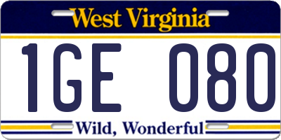 WV license plate 1GE080