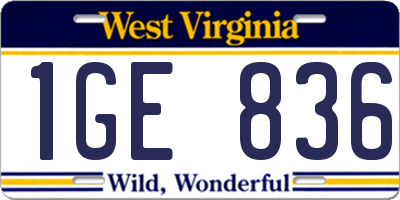 WV license plate 1GE836