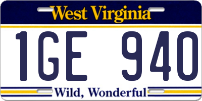 WV license plate 1GE940