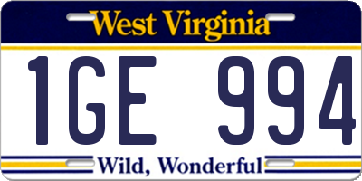 WV license plate 1GE994