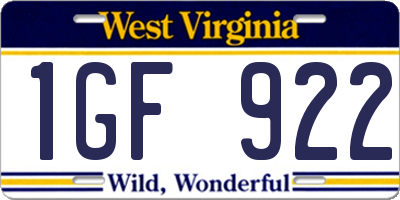 WV license plate 1GF922