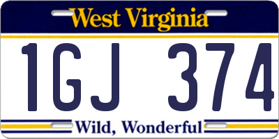 WV license plate 1GJ374