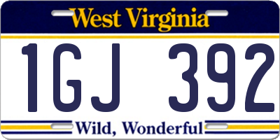 WV license plate 1GJ392