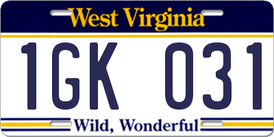 WV license plate 1GK031