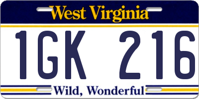 WV license plate 1GK216