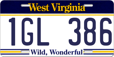 WV license plate 1GL386