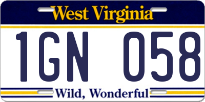 WV license plate 1GN058
