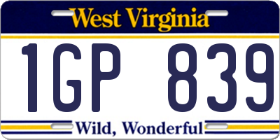WV license plate 1GP839