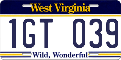 WV license plate 1GT039