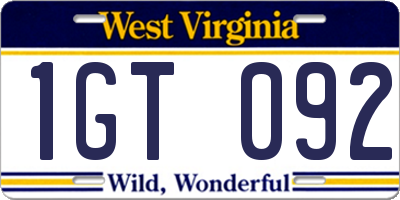 WV license plate 1GT092