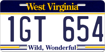 WV license plate 1GT654
